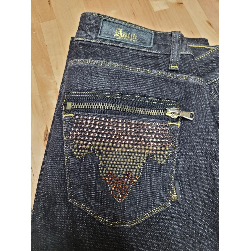 Antik Denim Women 28 Dark Wash Rhinestone Studded Zipper Back Pocket Jeans Flare